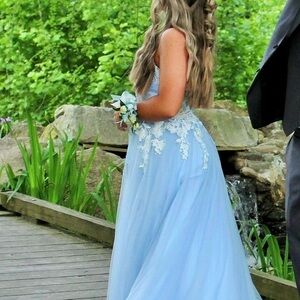 blue lace prom dress